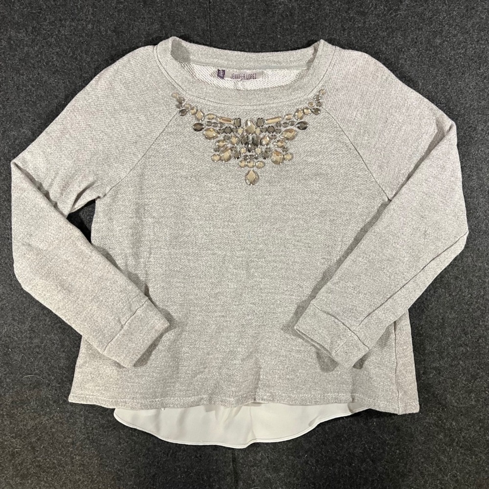Jennifer Lopez Sweatshirt Womens Medium Gray Beaded Chiffon Hem Pullover Top